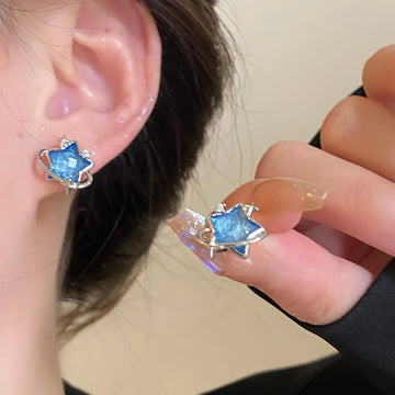 DAIIIBABYYY  -  Sweet Blue Crystal Pentagram Stud Earrings for Women Girls Romantic Starry Sky Heart Pearl Design Y2K Accessorie Fashion Jewelry